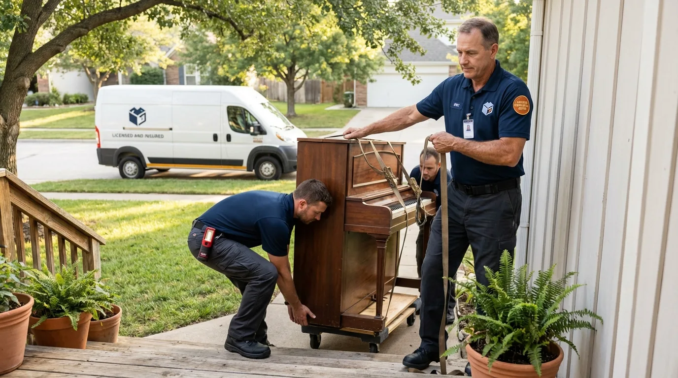Licensed piano movers securing grand piano in Fairfield, AL